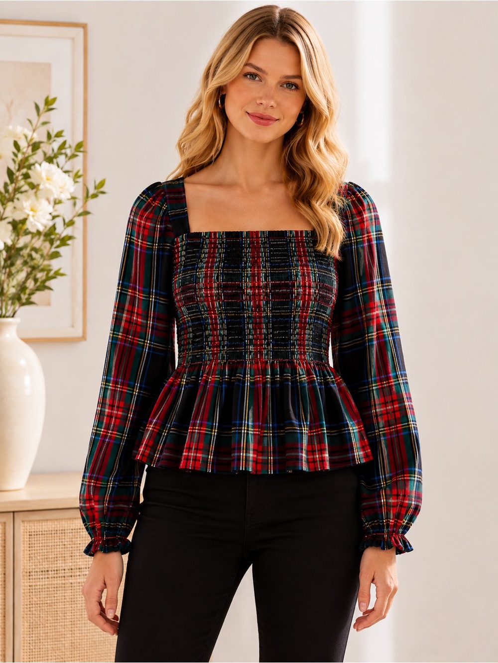 J. Crew Puff-sleeve smocked top in Stewart tartan NWT S
